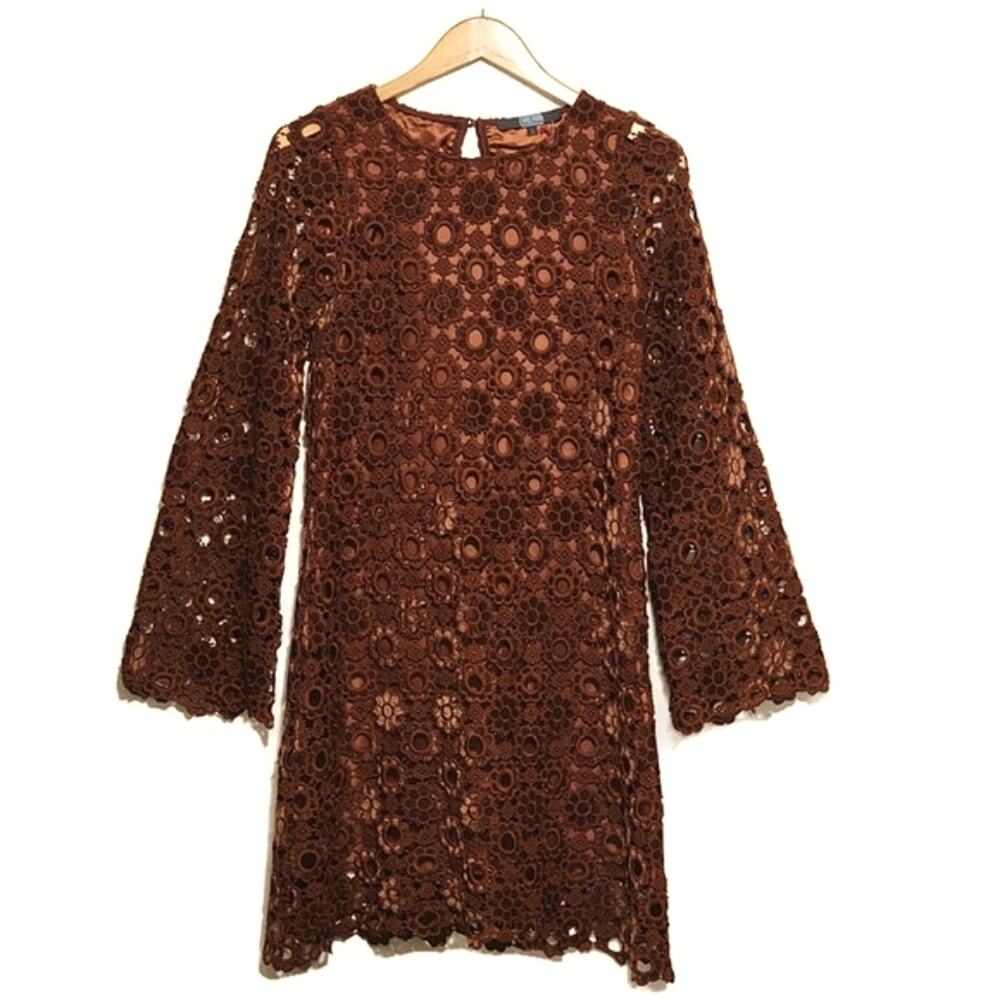 Eva Franco Lace Overlay Bell Sleeve Scoop Neck Brown Midi Shift Dress Size 4